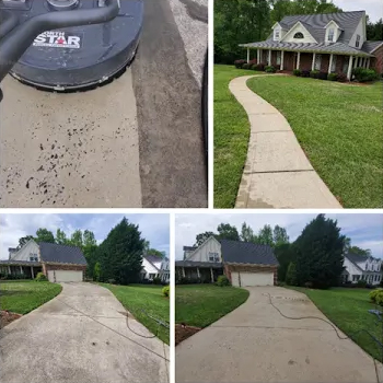 Before and after concrete surface cleaning on residential sidewalk and driveway in Charlotte NC
