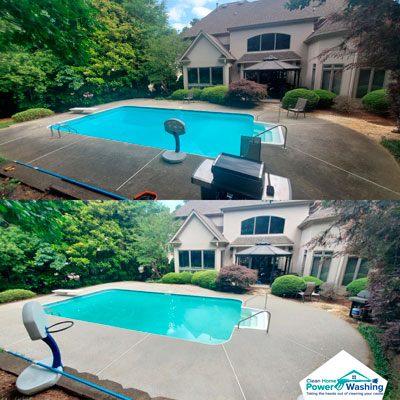 Before and after power washing a residential poolside concrete patio in Charlotte, NC