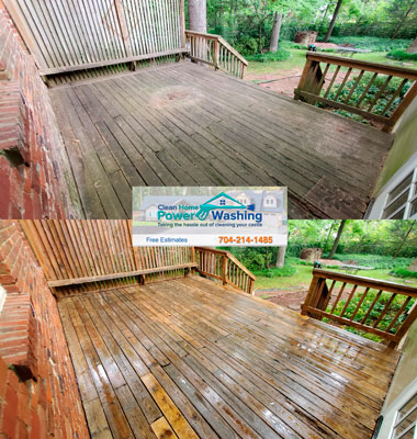 Before and after photo of professional deck cleaning on a back patio in Charlotte NC