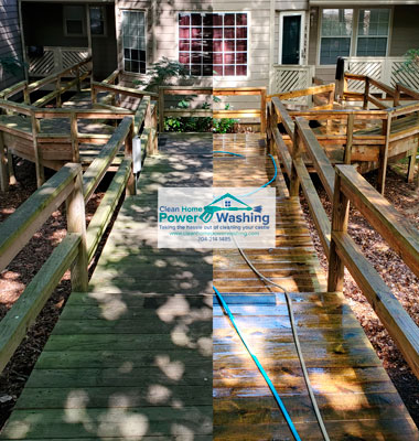 Wooden ramp and railing being cleaned during deck and fence cleaning service in Charlotte NC