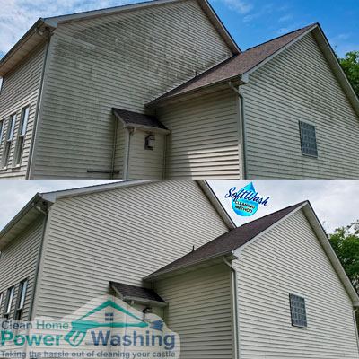 Before and after exterior house cleaning showing restored vinyl siding in Charlotte NC