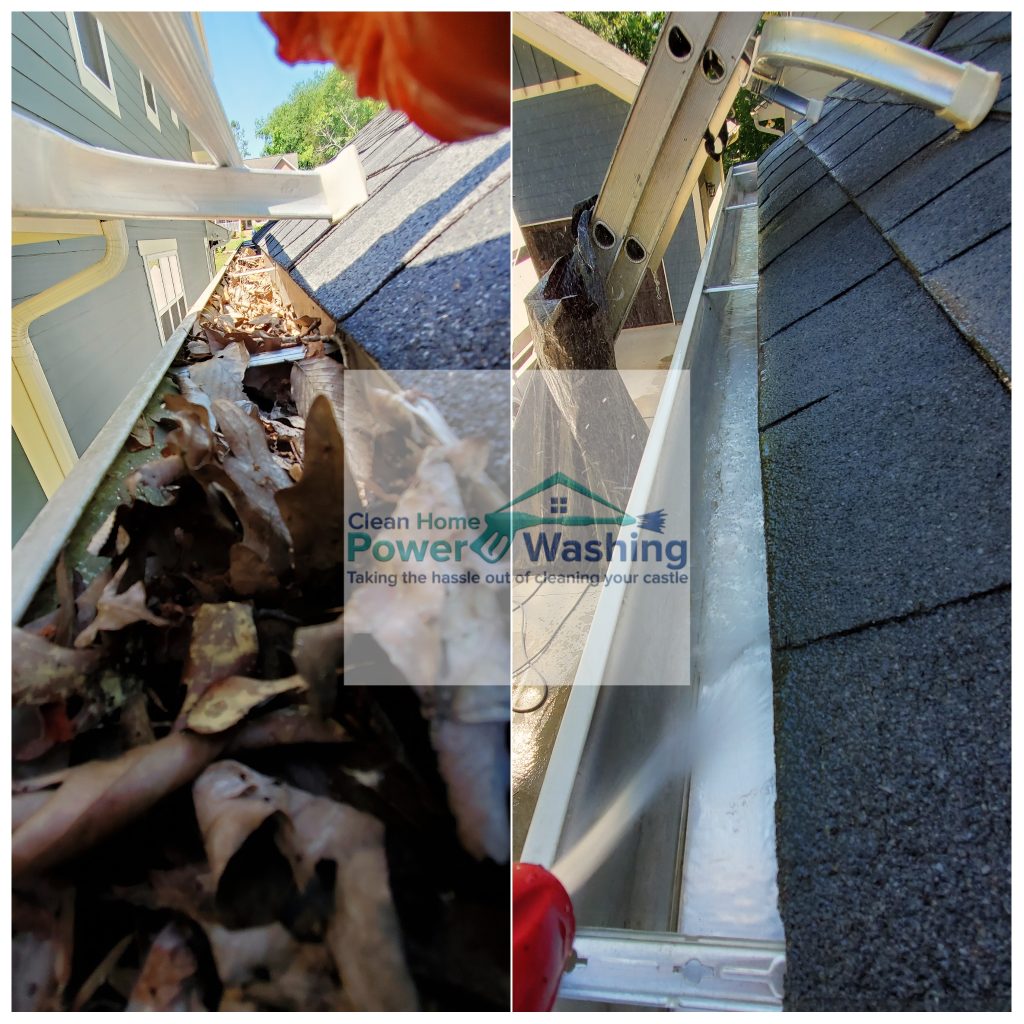 Before and after gutter cleaning on residential home in Charlotte NC